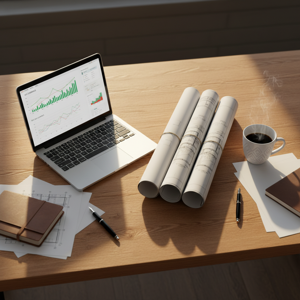 Construction blueprints and financial charts on a warm wooden desk — where building meets bookkeeping